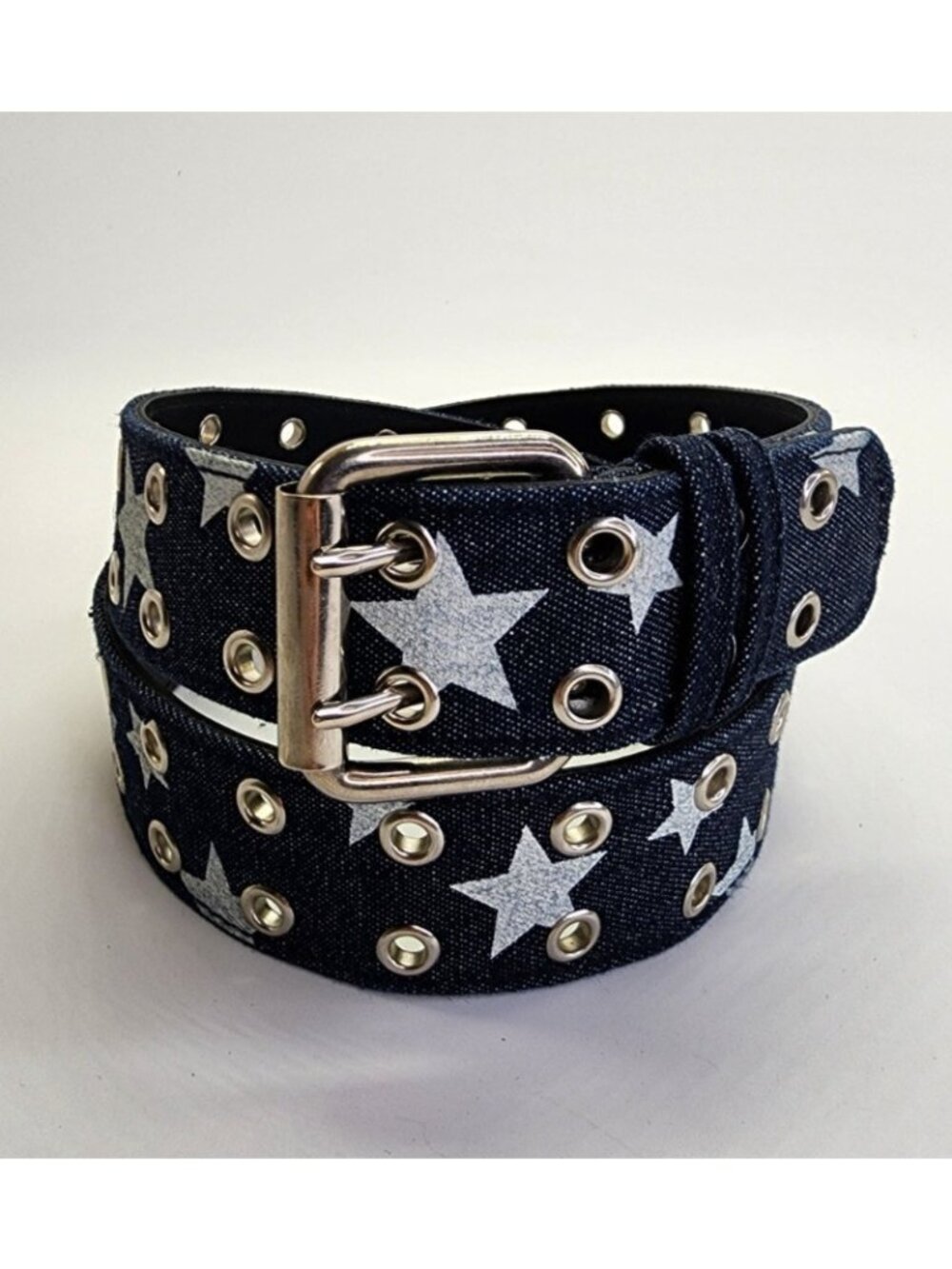 Unbranded Size M Navy Denim Belt With Stars Y2K Double Buckle Western Punk EMO